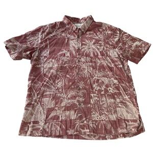 Tori Richard Shirt Mens XL Pink Cotton Block Print Palm Tree Hawaiian Aloha